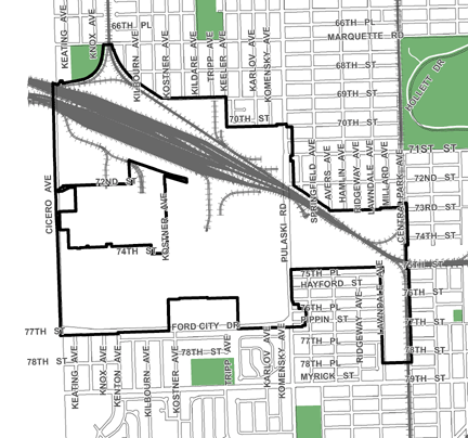 Greater Southwest Industrial (West) TIF district, roughly bounded on the north by Marquette Road, 79th Street on the south, Central Park Avenue on the east, and Cicero Avenue on the west.